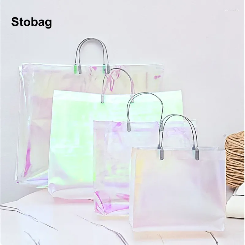 Sacs de rangement Stobag 10pcs Transparent Shopping Sac fourre-tout Femme en plastique épaule mode cadeau pochettes de mariage portable logo personnalisé (extra