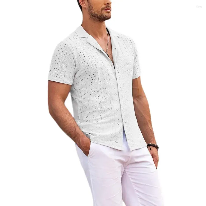 Men's Casual Shirts Men Beach Top Cutout Shirt Stylish Hollow Out Summer With Turn-down Collar Short Sleeves Breathable Vacation For A