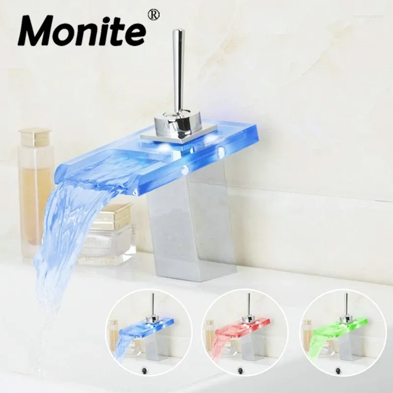 Rubinetti per lavandino del bagno Rubinetti per lavabo a LED con luce a cascata Vetro Ottone cromato Miscelatori Torneira da piano Maniglia girevole Rubinetto per lavabo