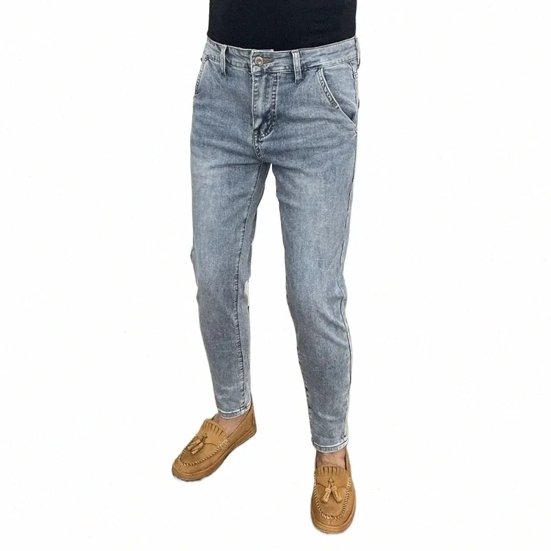 Ny trendiga ungdomar ons lyxkoreansk stil smal passform hajuku fi cowboy streetwear solid cott mäns blå jeans män 34qp#