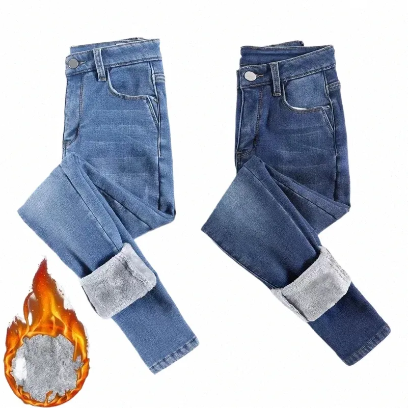 Femmes Jeans thermiques hiver neige chaude peluche Stretch Jeans Lady Skinny épaissir polaire Denim Lg pantalon rétro bleu crayon pantalon t9Bu #