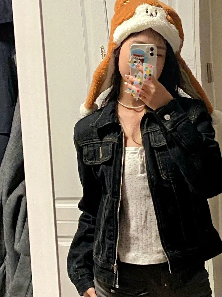 DHgate.com:Womens Vintage Black Denim Coat, 2024 New Lapel DHgate.com:Womens Vintage Black Denim Coat, 2024 New Lapel