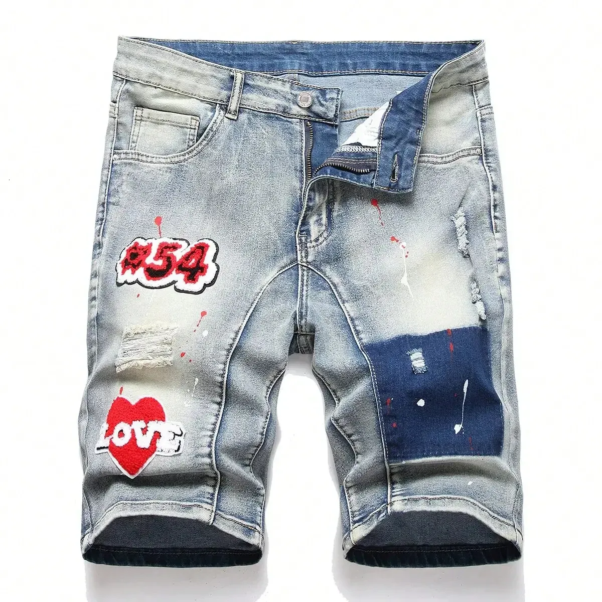 Mens Graffiti Ripped Denim Short Jeans Summer Fashion Casual Slim Big Hole Retro Style Denim Shorts Mane Brand Clothes 240327