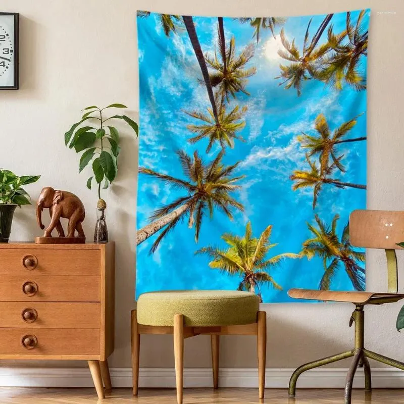 Tapisseries murales suspendues avec ciel bleu, palmier d'été, décoration de chambre Boho, tissu de fond de maison esthétique, tapis de pique-nique de plage