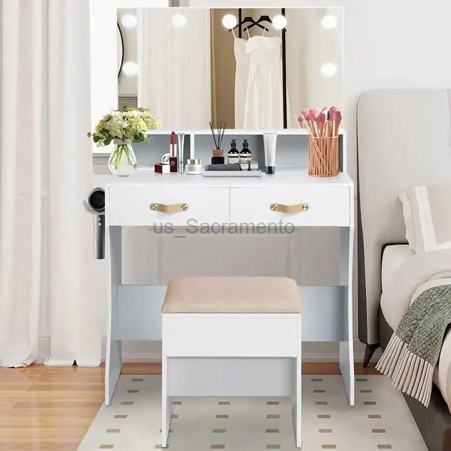 Saç kurutucular Funkoco Vanity Masası Ayna Led Işıkları Makyaj Vanity Power Outlet ve Saç Kurutucu Raf Soyunma Masası Seti 240329