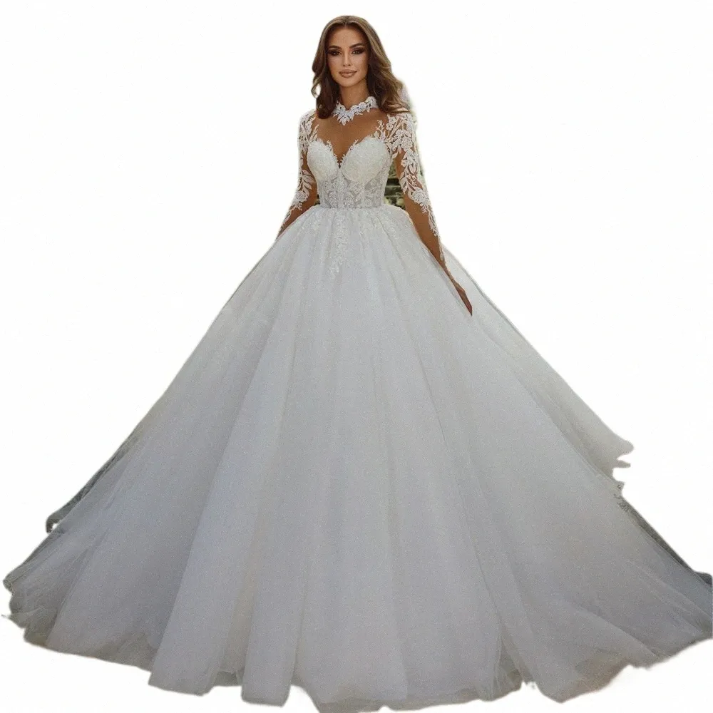 liyuke élégant soyeux organza robe de bal de mariage Dres perles perles broderie appliques col haut manches longues jupes de mariée n2Ui #