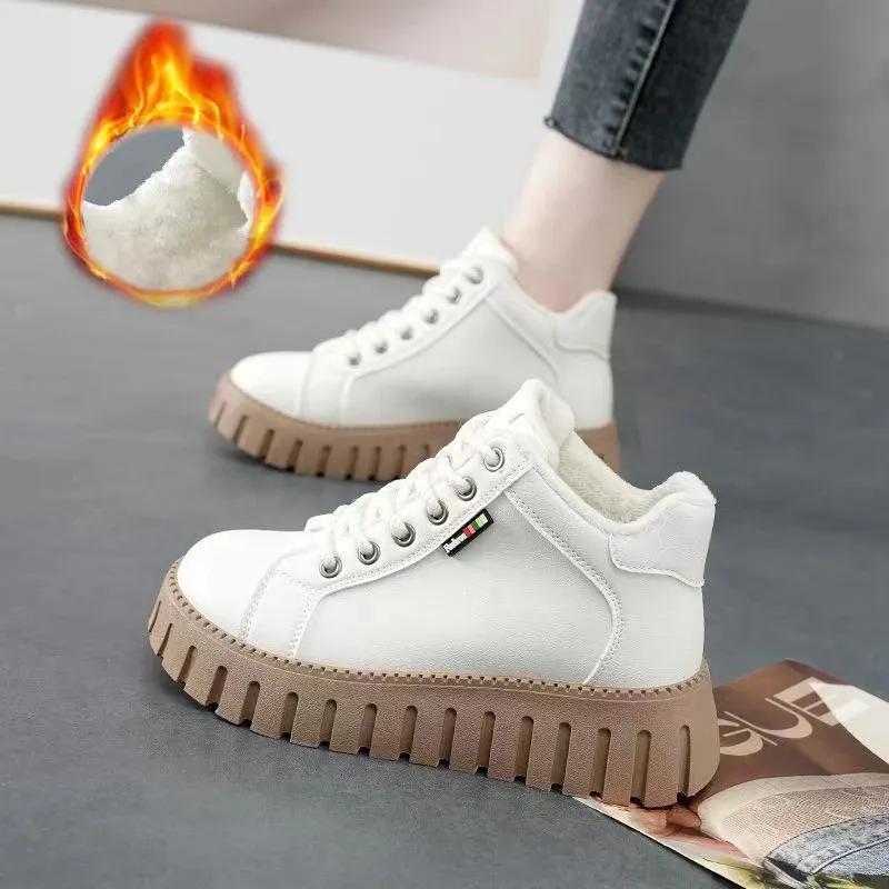 Boots 2023 Winter Women Ankle Boots Warm Plush Female Hightop Thicksoled Sneakers Lace Up Casual Platform Cotton Shoes Botas Mujer