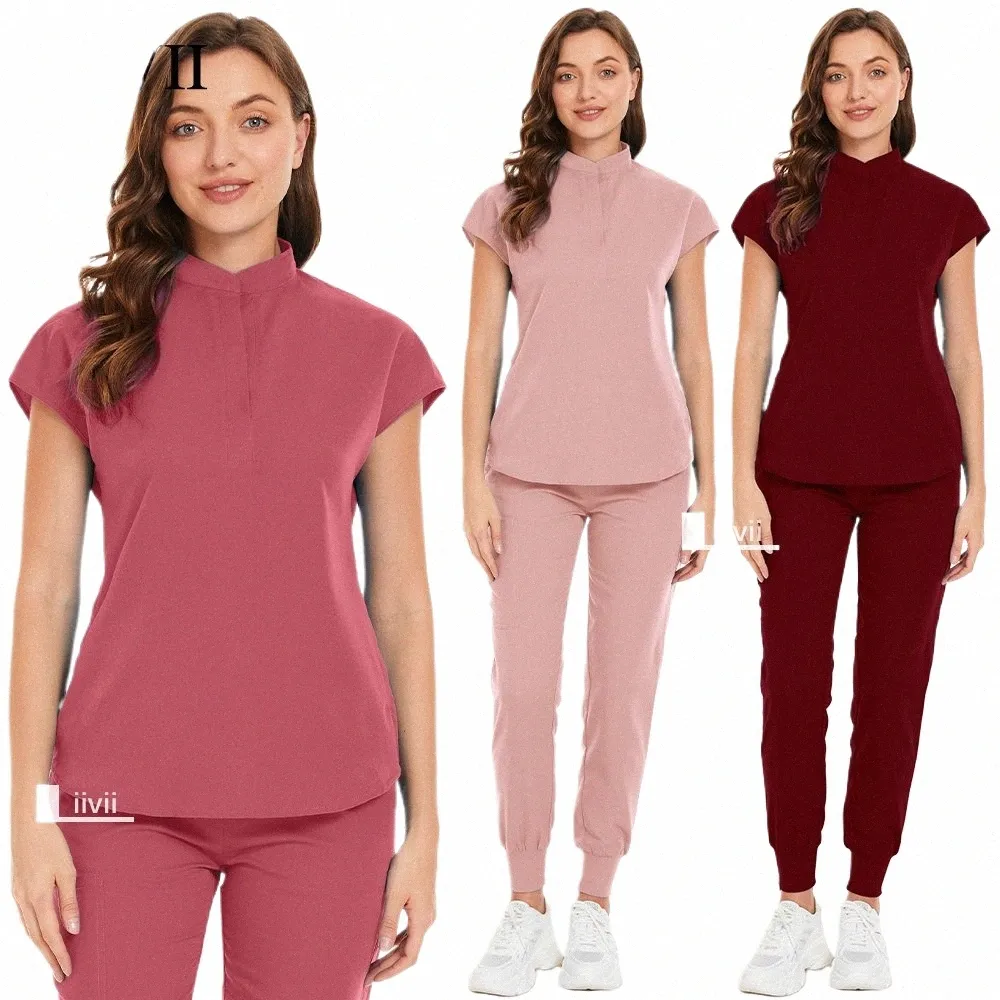 Kvinnliga kirurgiska uniformer Fickor Scrubs Set Women Joggers Suits Wholesale Fi Beauty Sal Workwear Hospital Nurse Uniform 41Zr#