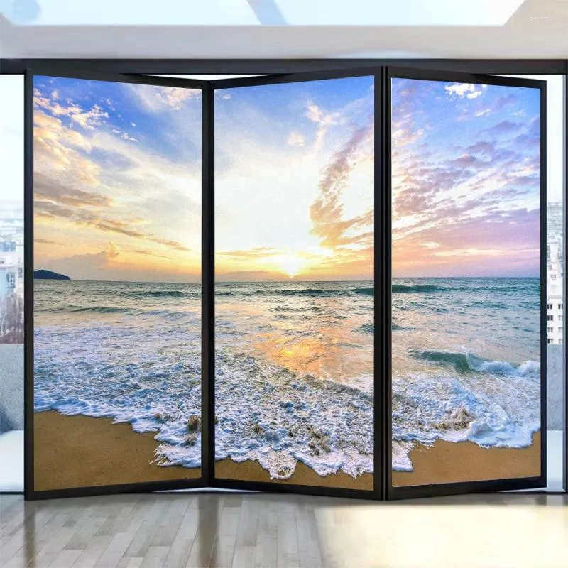 Window Stickers Privacy Film Seascape Pattern Frosted Glass Sun Blocking Glue-Free Static Adhesive Bathroom Door Tint