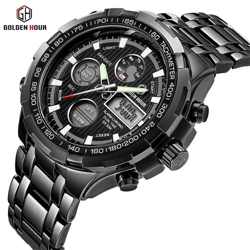 Reloj Hombre GOLDENHOUR Orologio da uomo al quarzo nero zegarek meski Orologi da polso digitali Sport militare Orologi maschili Relogio Masculino259s