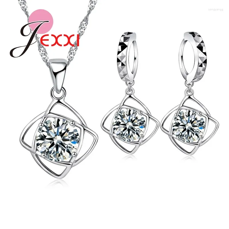 Conjunto de collar y pendientes para mujer, cadena de plata de ley 925 con gota de cristal CZ de compromiso clásico, joyería nupcial cuadrada para boda