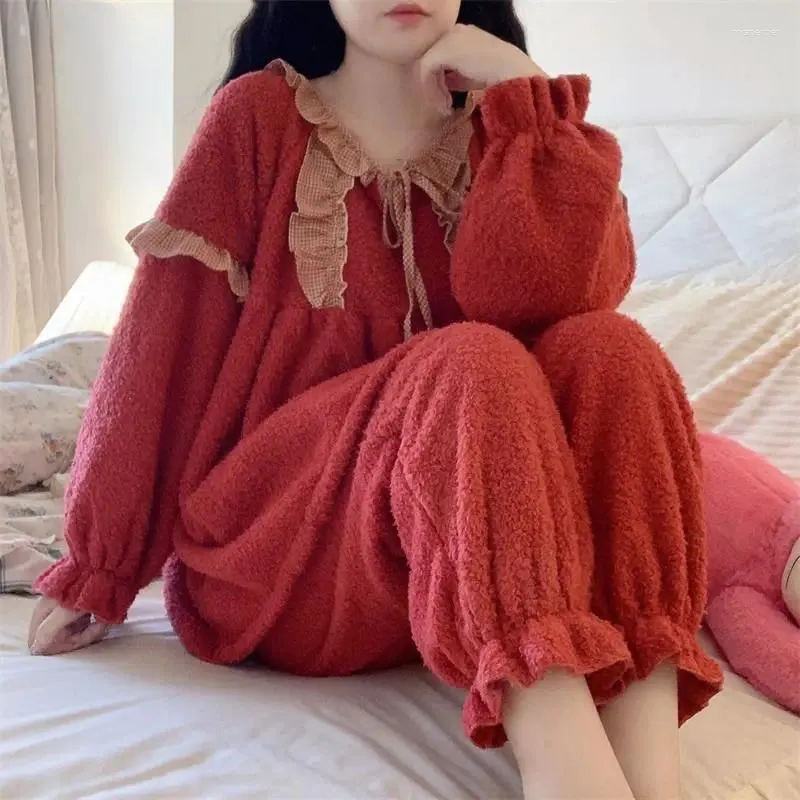 Kadın pijama pijama kadınlar sonbahar kış pantolon mercan kadife net kırmızı kalın sıcak ev kıyafetleri büyük boy iki parçalı set dışarıda giyilebilir