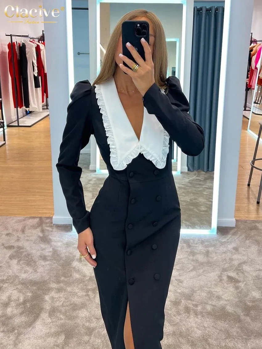 Clacive Bodycon Black Patchwork Dress Elegant Ruffle Collar Long Sleeve Office Midi Fashion Slim Slit Dresses For Women 240315