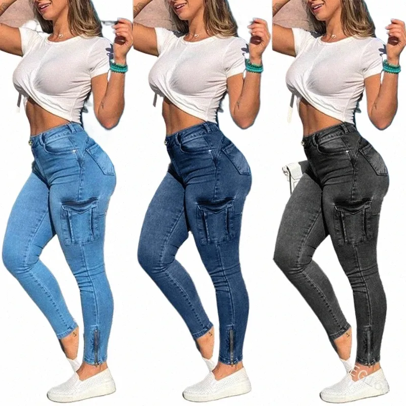 european and American Foreign Trade Zipper Women's Pants Pockets Frayed White Fi Women's Denim Cargo Pants Trend U57l#