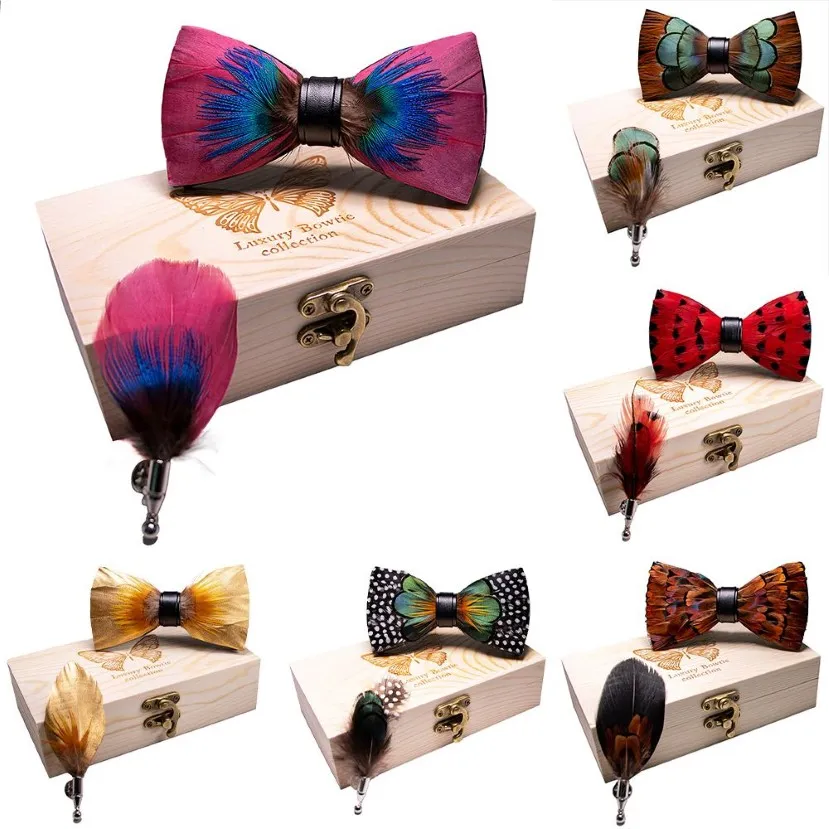 KAMBERFT 67 style New Design Natural Feather Bow tie Exquisite HandMade Mens BowTie Brooch Pin Wooden Gift Box Set for Wedding 201186E
