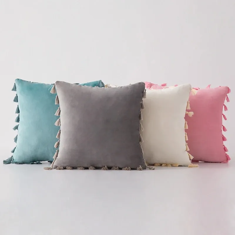 Soft Velvet Tassels Cushion Cover Pink Grey Beige Green Pillow Cover Bedroom Sofa Decoration PillowCase 30x50cm/45x45cm Pillows