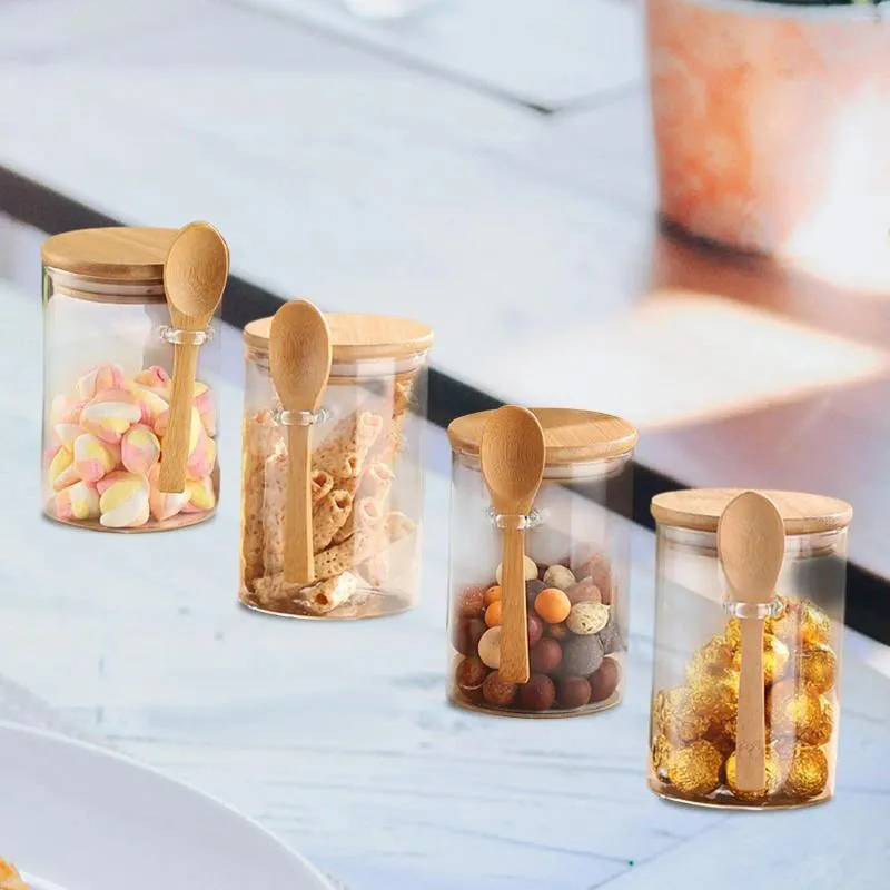 Bottiglie di stoccaggio Barattoli di vetro con coperchi di bambù e barattolo di tè con cucchiaio 4 pezzi per alimenti secchi per caramelle e biscotti