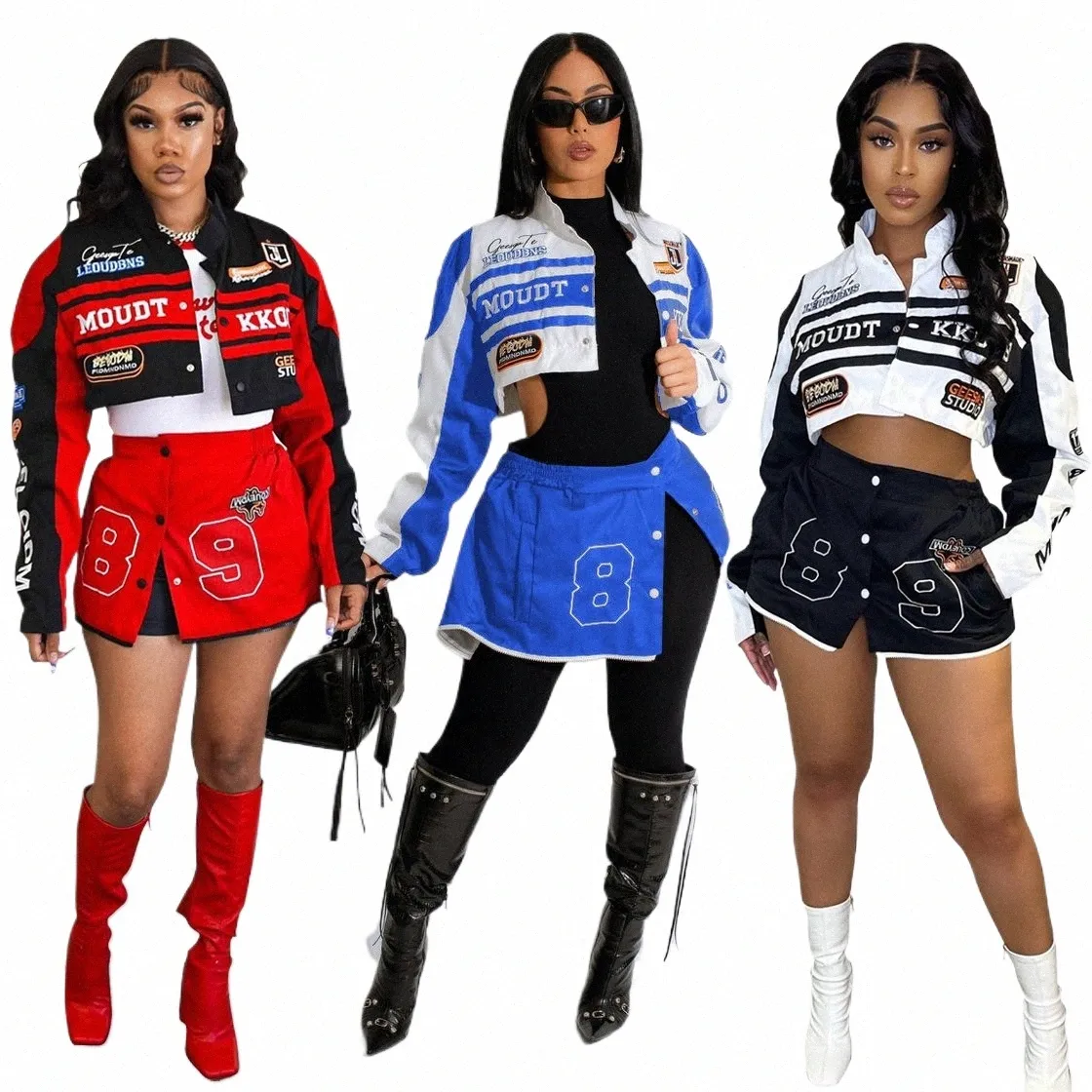Baseball Varsity Jacket Crop Tops Dois 2 Piece Saia Define Y2K Streetwear Inverno Mulheres Cyber Racer Cropped Jackets Trench Coats 86rG #