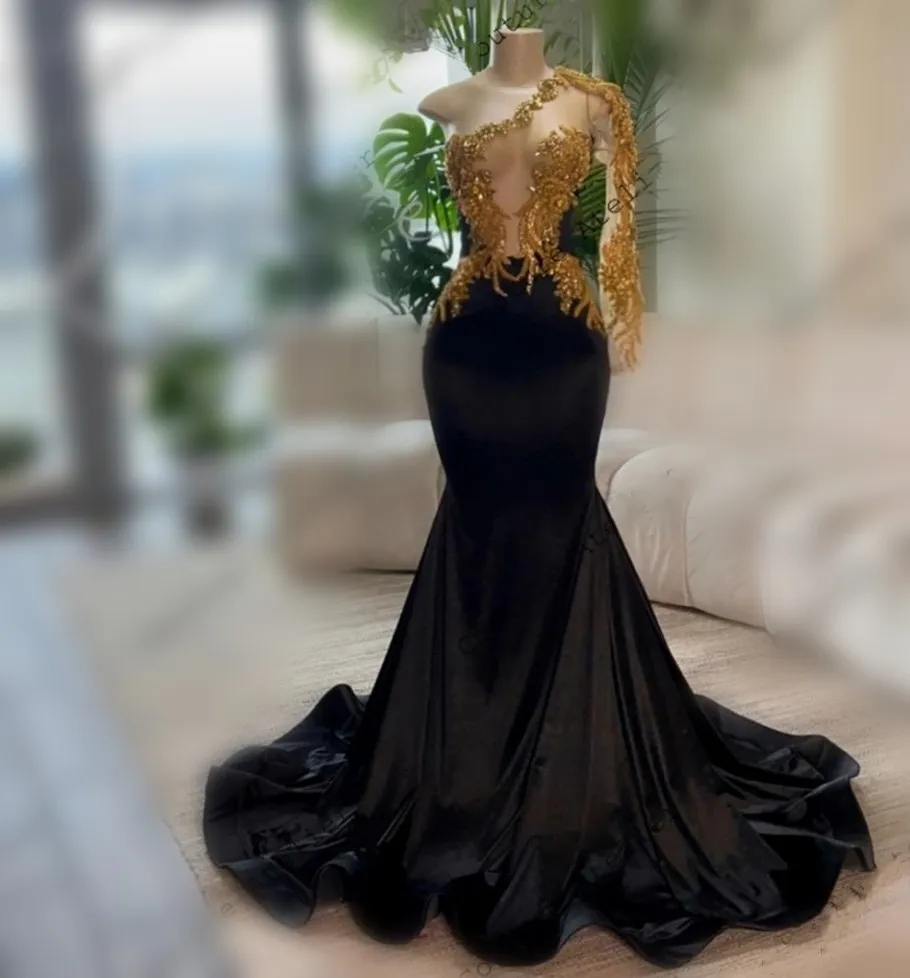 Long Sleeve Black Gold Evening Gown Black Gold Luxe High Neck