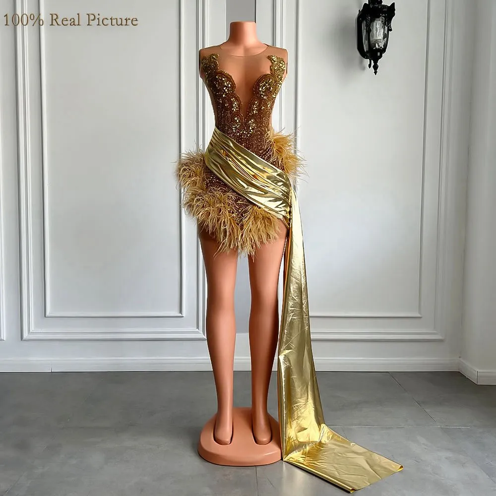 Sheer Black Feather Cocktail Dress for Prom or Special Occasions