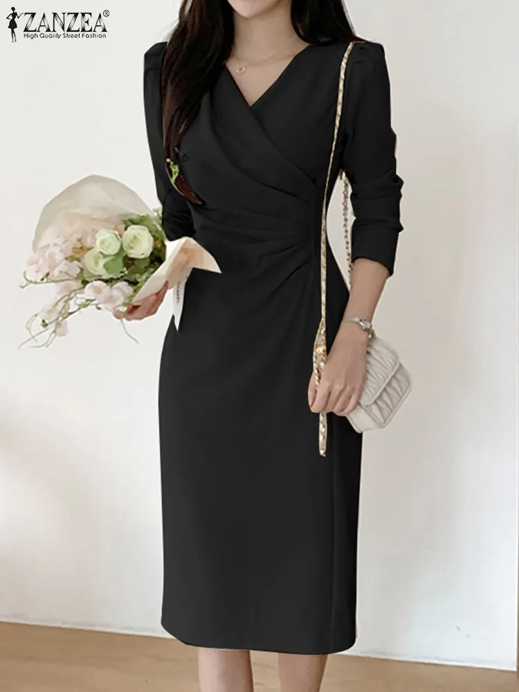 Elegant V-Neck Midi Dress - Women's Long Sleeve Bodycon Dress, Pleated Work  Dress, Casual Spring Sundress Robe - Office & Evening Wear from Dhgate  Urban Sexy Dresses - price 14.25
