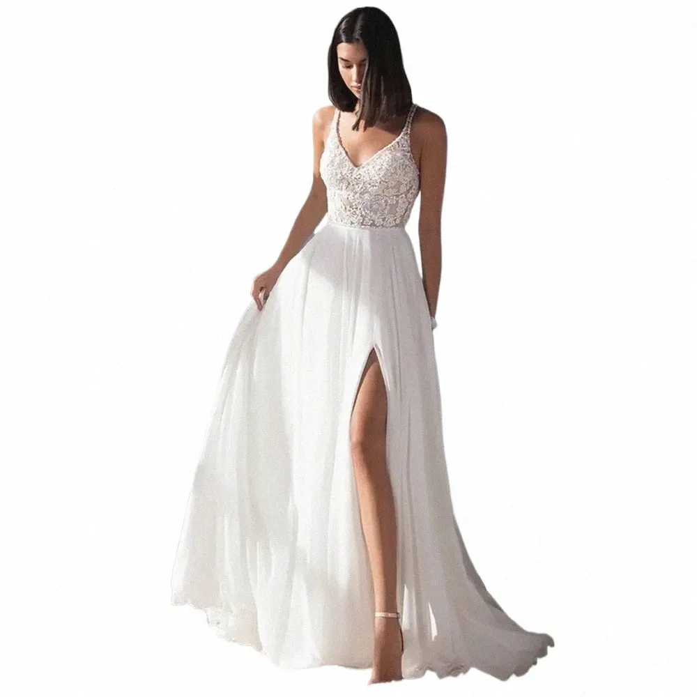 aviana Simple V-Neck High Split Beach Wedding Dres For Women Custom Made Lace Appliques Chiff Spaghetti Straps Bridal Gown 21hP#