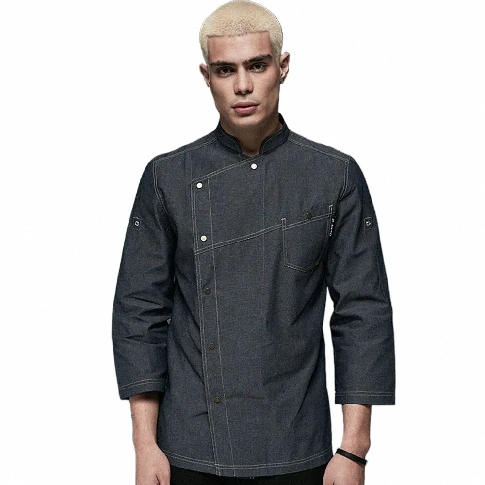 viaoli Denim Stoff Kochjacken Restaurant Uniformen Hemden Lg Ärmel Restaurant Uniform Kochkleidung Hotel Uniform Chef Mantel 85H7#