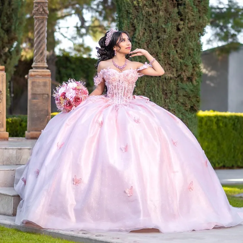 Robe Quinceanera rose brillante, à paillettes, à volants, robe de bal scintillante, douce, avec nœud, robes de princesse pour 16 ans, 15 ans