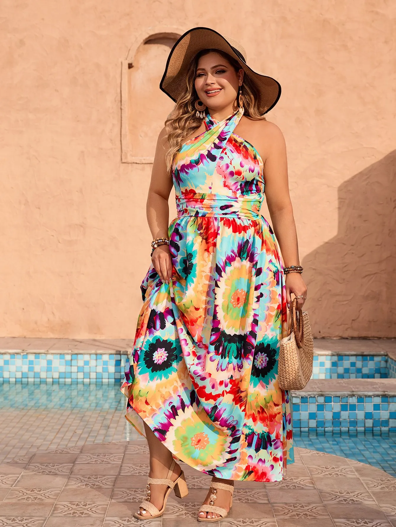 Plus Size Floral Maxi Dress - Womens Sexy Halter Neck Sleeveless Sundress