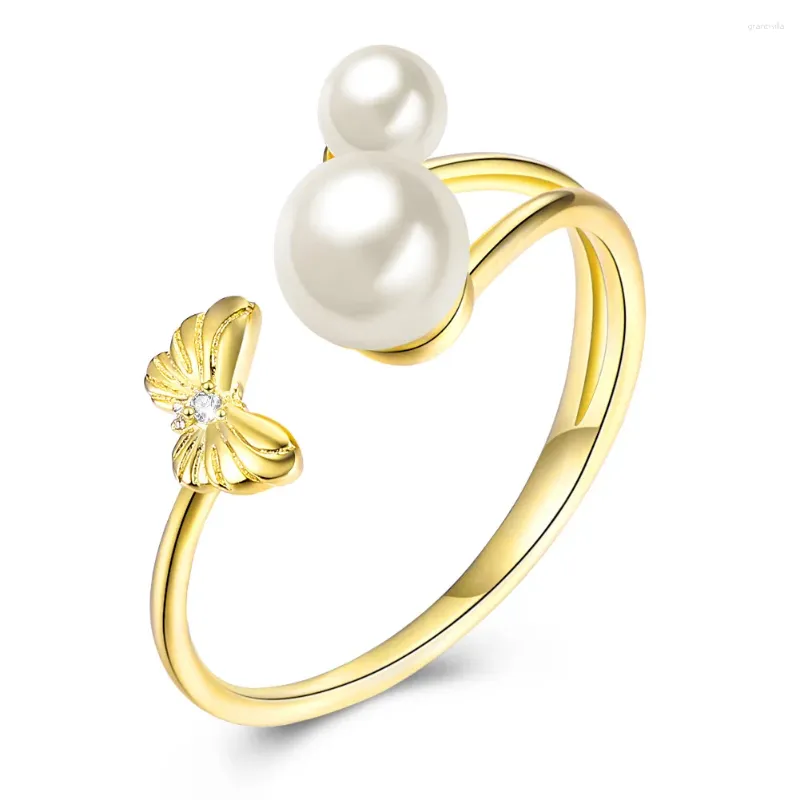 Bague réglable avec pierres latérales, artisanat coréen, vent doux, argent 925, perle papillon, revêtement en or jaune, vente en gros