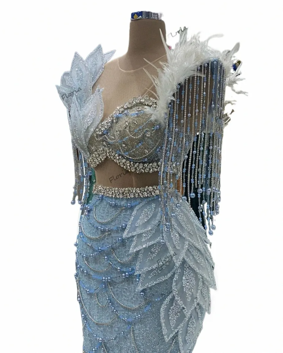 blue Beading Feathers Celebrity Dres Modern Dubai Lg Party Night Gowns Haute Couture Tassel Evening Dr Vestidos De Noche C64B#