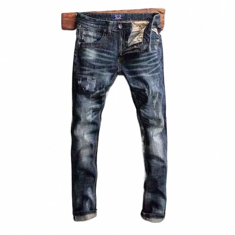 Włoski styl Fi Men Jeans Retro Blue Slim Fit Ripped Dżinsy Mężczyźni Stretch Spodni Vintage Designer Casual Denim Pants Hombre I8as#