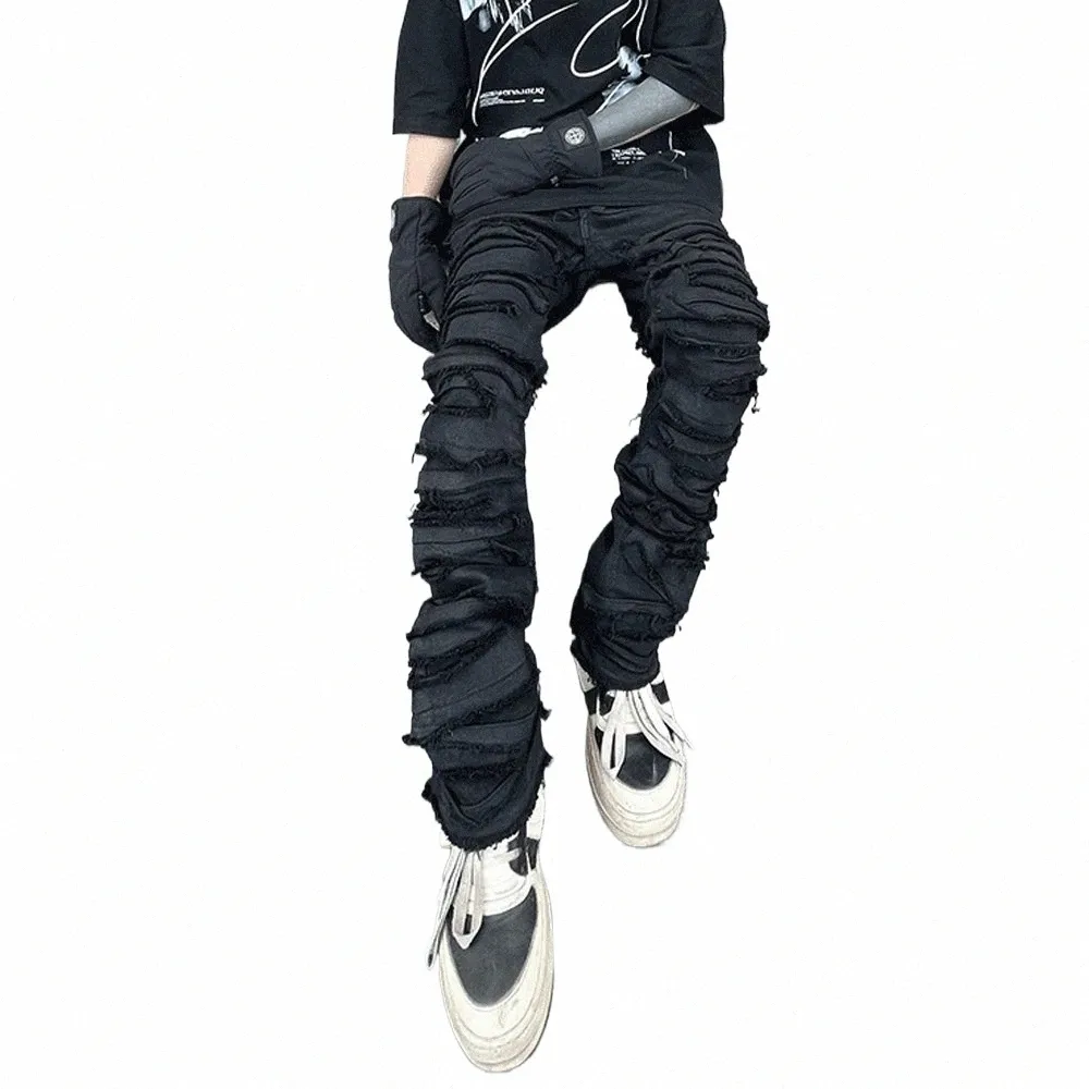 рваные джинсы мужские хип-хоп Y2k винтажные тонкие черные брюки осень-зима High Street Fit крутые узкие джинсовые брюки с вощеными отверстиями B72H #