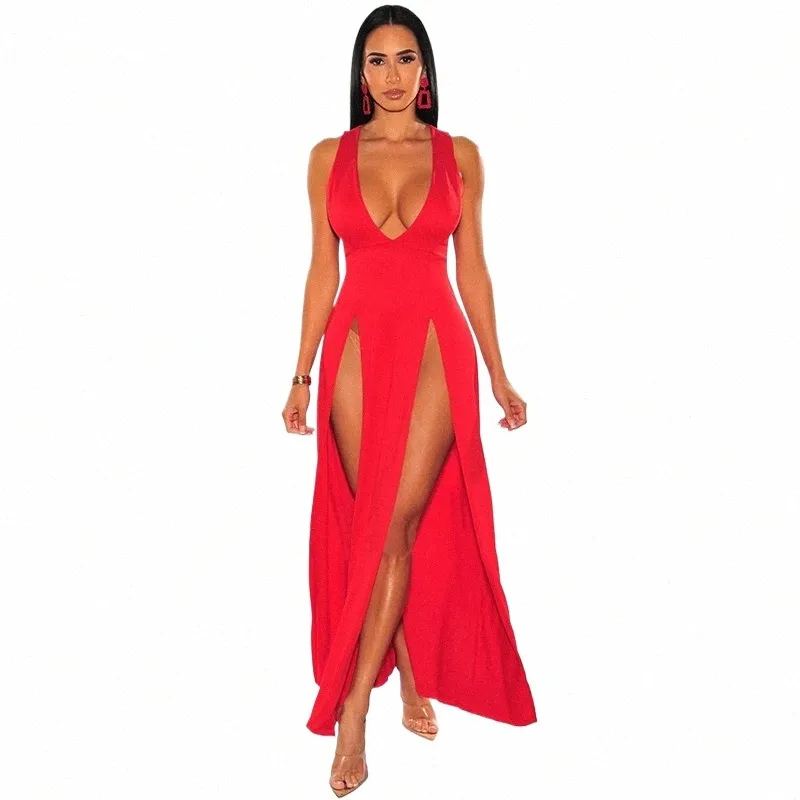 Sexy Woman Club Dr Backl Slevel Deep V-dheck High Talle Slit Maxi Dr Birthday Partia Eleganckie kobiety Dr T8LO#