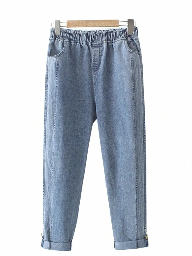 Plus-storlek kvinnors jeans elastiska hög midja stretch vår sommarsträcka jeans rumpa och fäll över botten tunna byxor 4xl f03l#