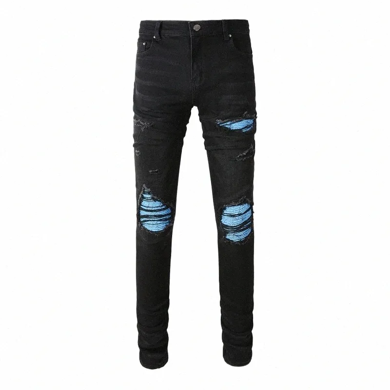Street Fi Hommes Jeans Noir Stretch Skinny Ripped Jeans Hommes Pantalon Tendance Bleu Patché Designer Hip Hop Marque Pantalon Hombre r63b #