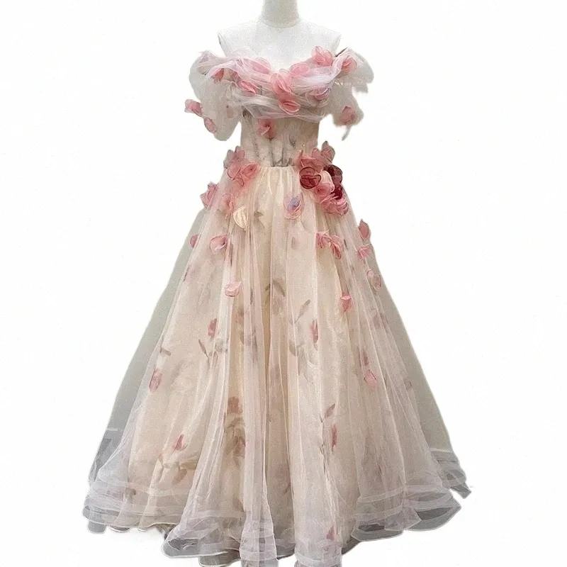 Applique florale femmes fée soirée robe de bal rose maille tulle soirée Dres mariage anniversaire cérémonie bal Dr hors épaule s2Jw #