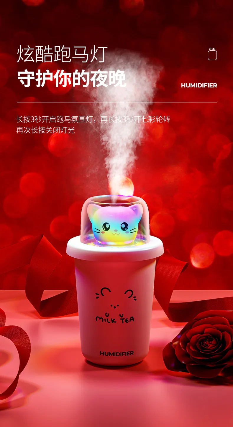 Creative home office quiet cartoon car humidifier seven color light milk tea cup fog quantity atomizer wholesale