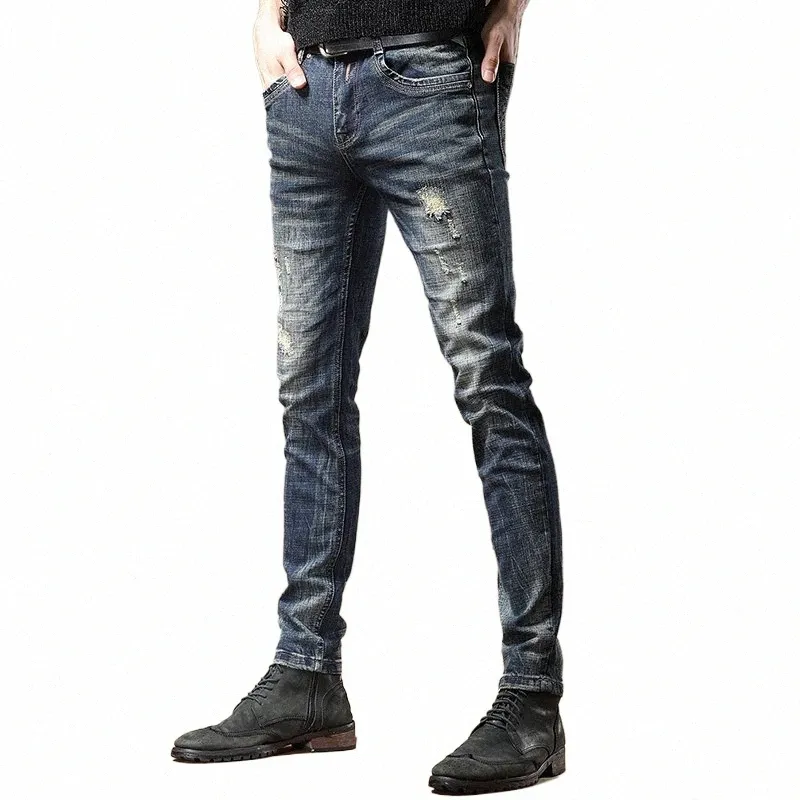 Automne nouveaux hommes bleu déchiré jean Fi droit coupe ajustée pantalon style coréen pantalon en denim distrait U9l6 #