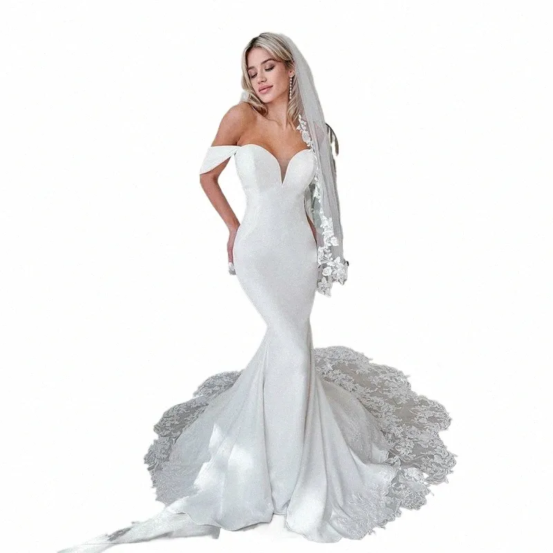 Elegante sirena boda Dres mujeres cariño encaje espalda abierta blanco fuera del hombro vestido de novia barrido tren Vestidos de novia m95k #