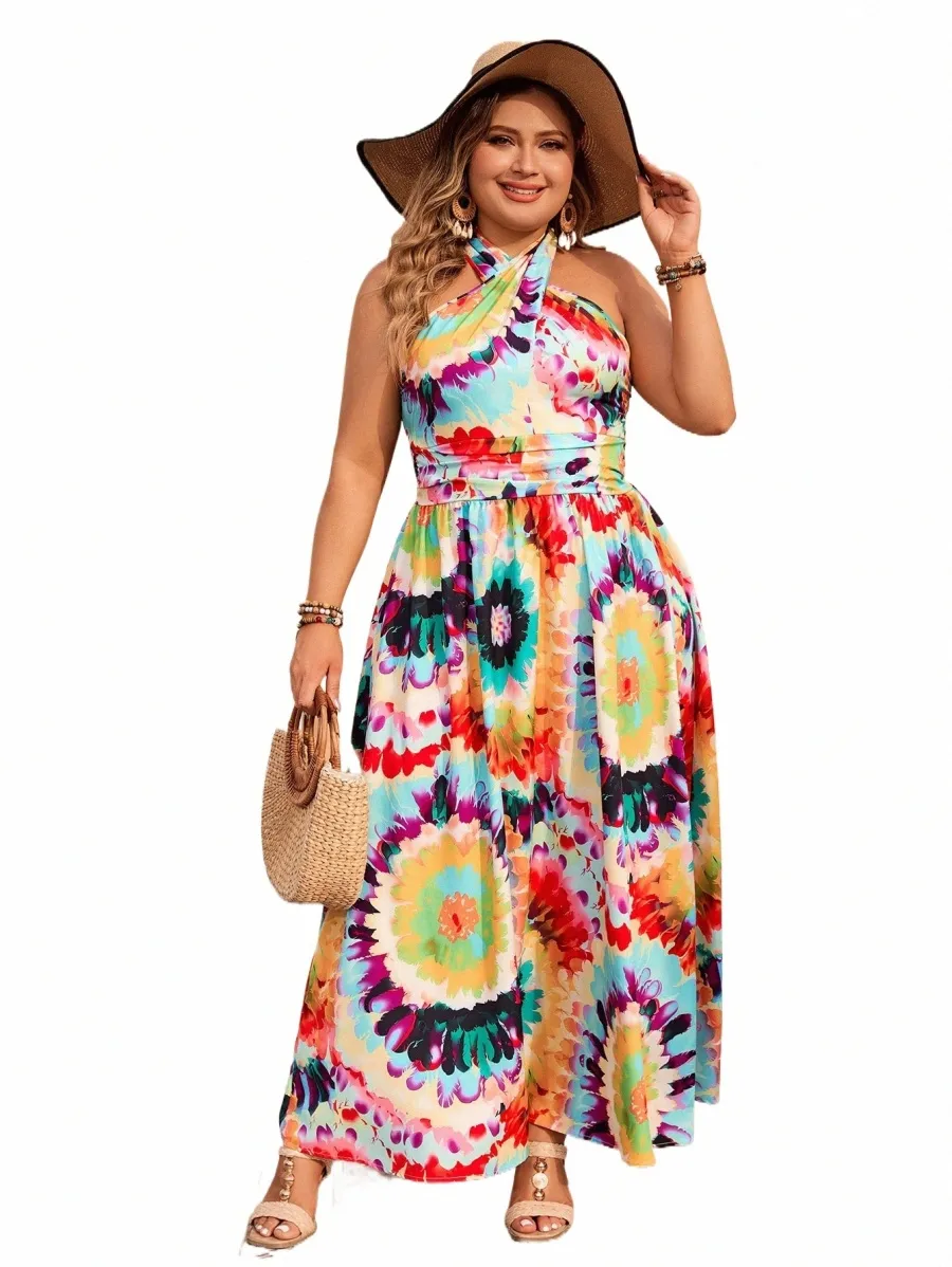 Plus Size Floral Maxi Dress - Womens Sexy Halter Neck Sleeveless Sundress