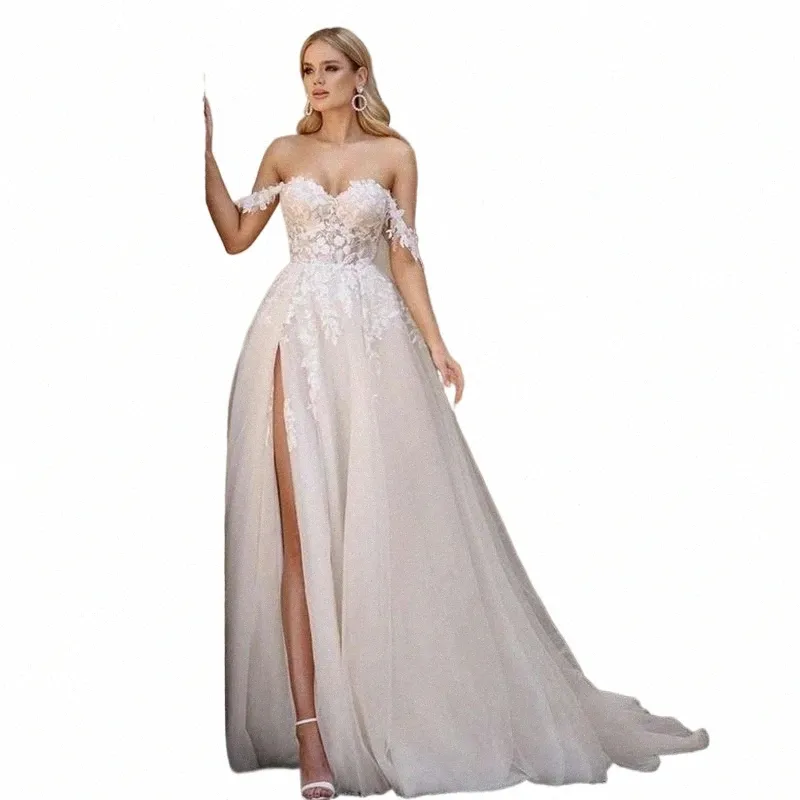 elegante A-Line Wedding Dr donne 2024 pizzo al largo della spalla Sweetheart aperto indietro fessura abito da sposa Sweep Train Vestido De Noiva 090t #