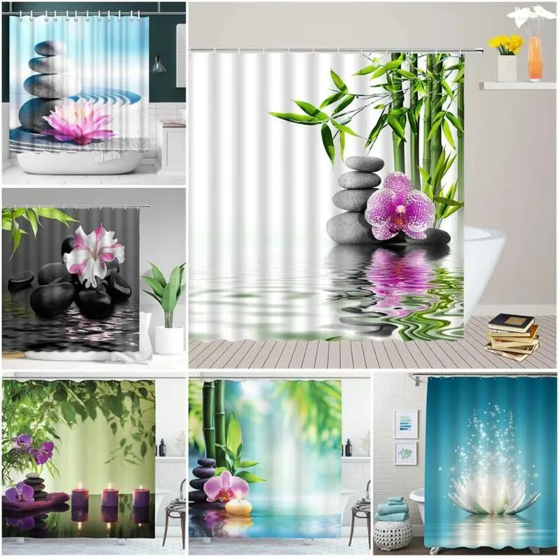 Rideaux de douche Zen vert bambou violet fleur pierre réflexion eau paysage Spa jardin accessoires de salle de bain ensemble de rideau de bain