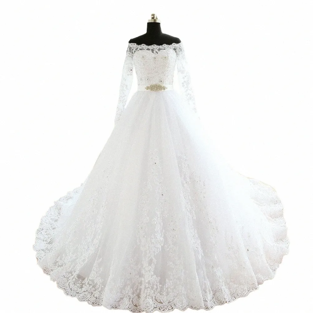 Vestido de Novia Empire Wedding Dres Chapel Train Lg Sleeve قبالة الكتف المخصصة للعرائس الرخيصة Dr Lg Bridal Gown B6ca#