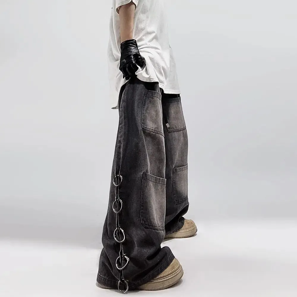 Amerikansk stil överdimensionerad fickan retro baggy jeans män y2k hip hop punk wide ben raka overalls svart denim pants streetwear 240318