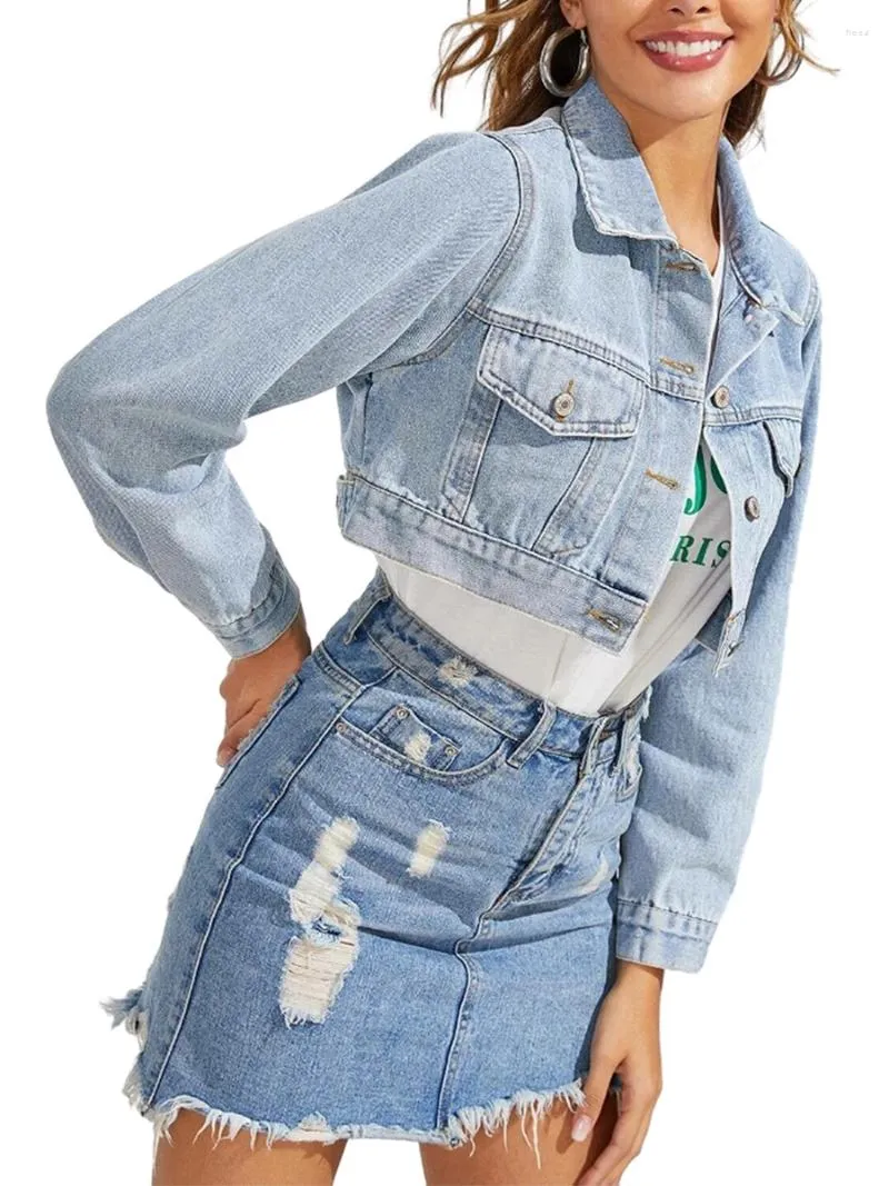 Kvinnors jackor kvinnors korta sommar jeans jacka lång ärm med knappar och fickor solid färg denim casual lättvikt