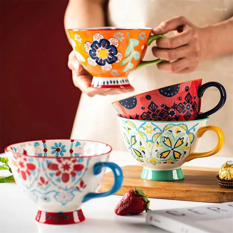 Cups Saucers Ceramic Coffee Cup Bohemian Flower Hand Painted INS Breakfast High Capacity 420ML Tea Mug Water Ware Kitchen Dining Bar