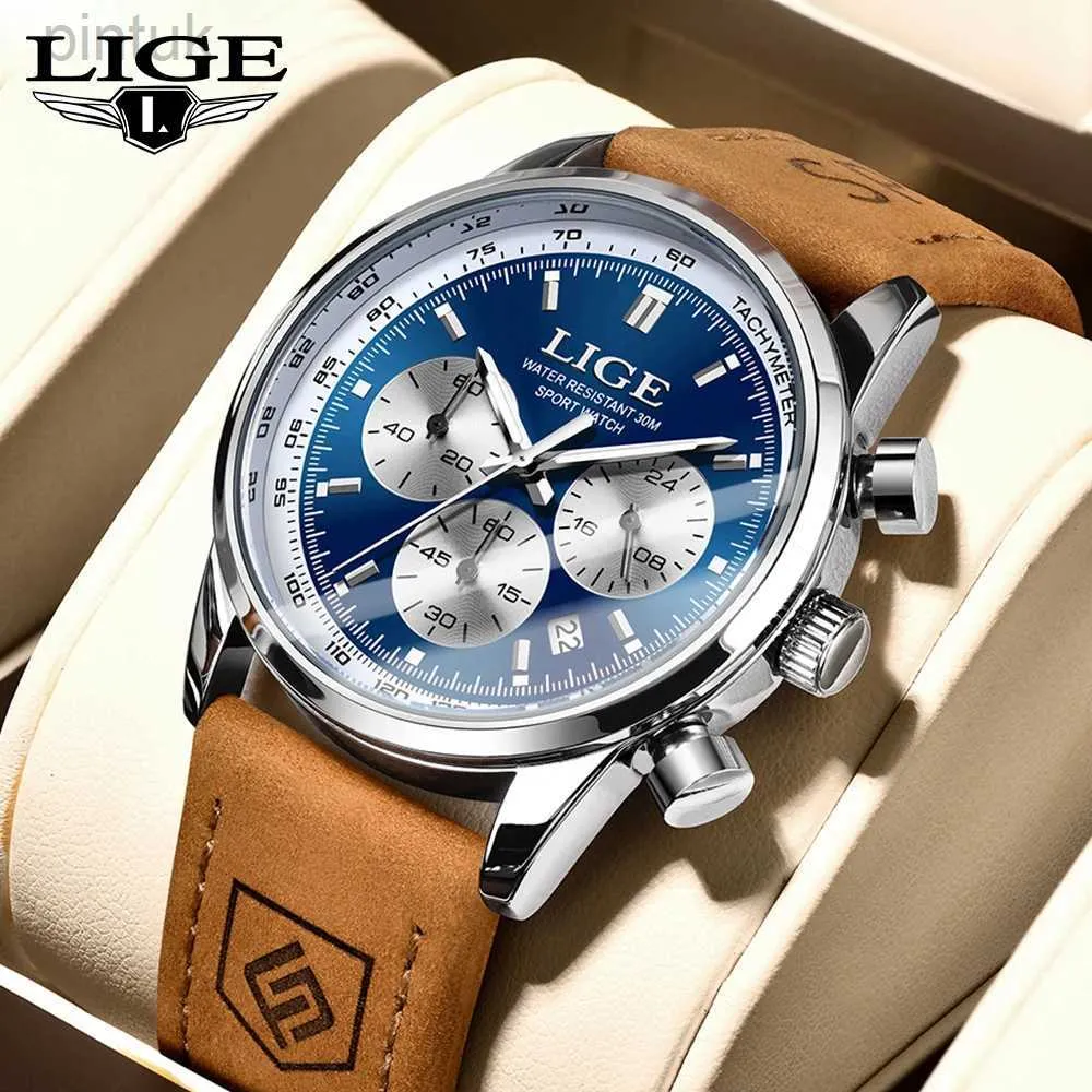 Wristwatches 2024 LIGE Panda Eyes Quartz Mens Watches Fashion Business Leather Strap Waterproof Date Chronograph Luminous Watch For Men 24329
