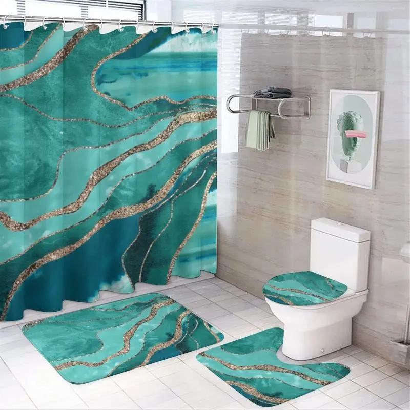 シャワーカーテングリーンアゲートプリントカーテンモダンノンスリップカーペット防水ポリエステルの家の装飾180x180