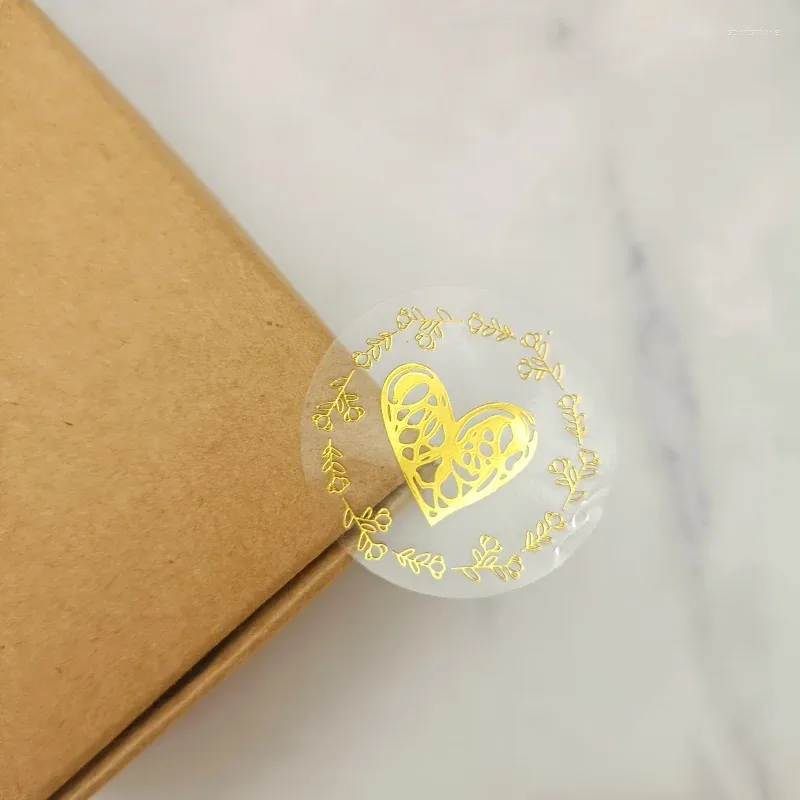 Gift Wrap Gold Heart Seals Sticker Hand Made Decorative PVC Bronzing Transparent Label Stationery Supplies 100pcs 3cm